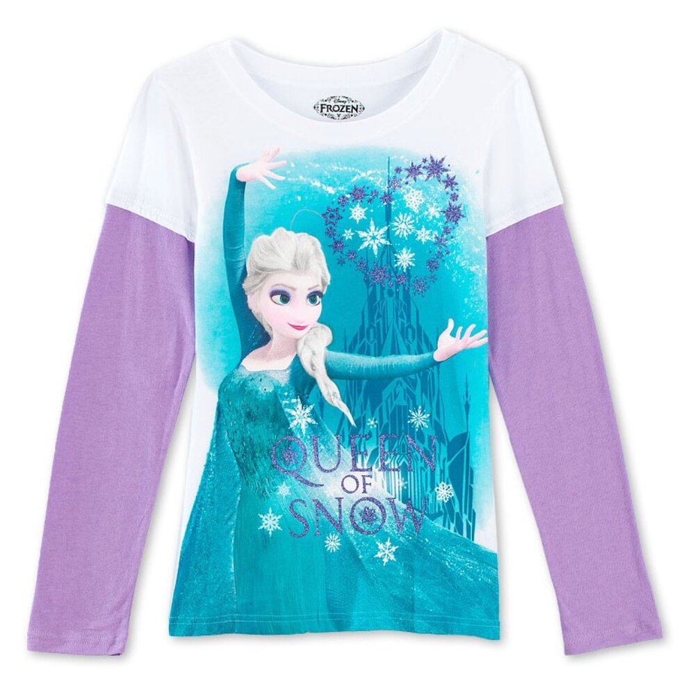 New! Disney Frozen Elsa Queen of Snow Long Sleeve Glitter T-Shirt